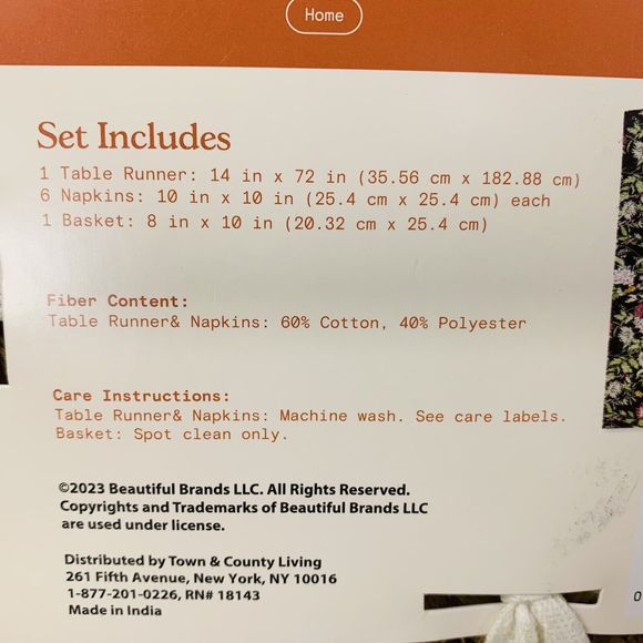 Drew Barrymore Table Runner 6 Napkins Basket Beautiful Gray + Floral 8-Piece Set - Picture 16 of 16